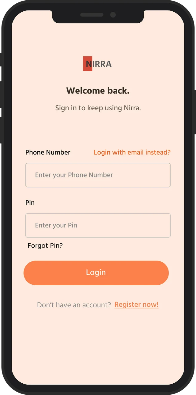 The Nirra sign-in screen